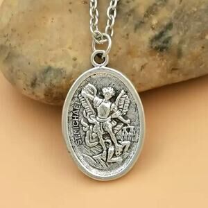 Saint Michael & Dragon Two-Sided Faith Necklace on 22 in. Sterling Silver Chain
